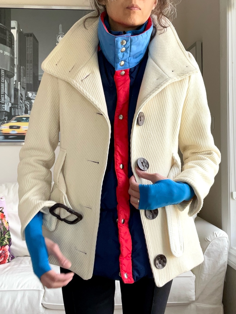 Soia&Kyo wool blend cream rib texture belted fitted coat